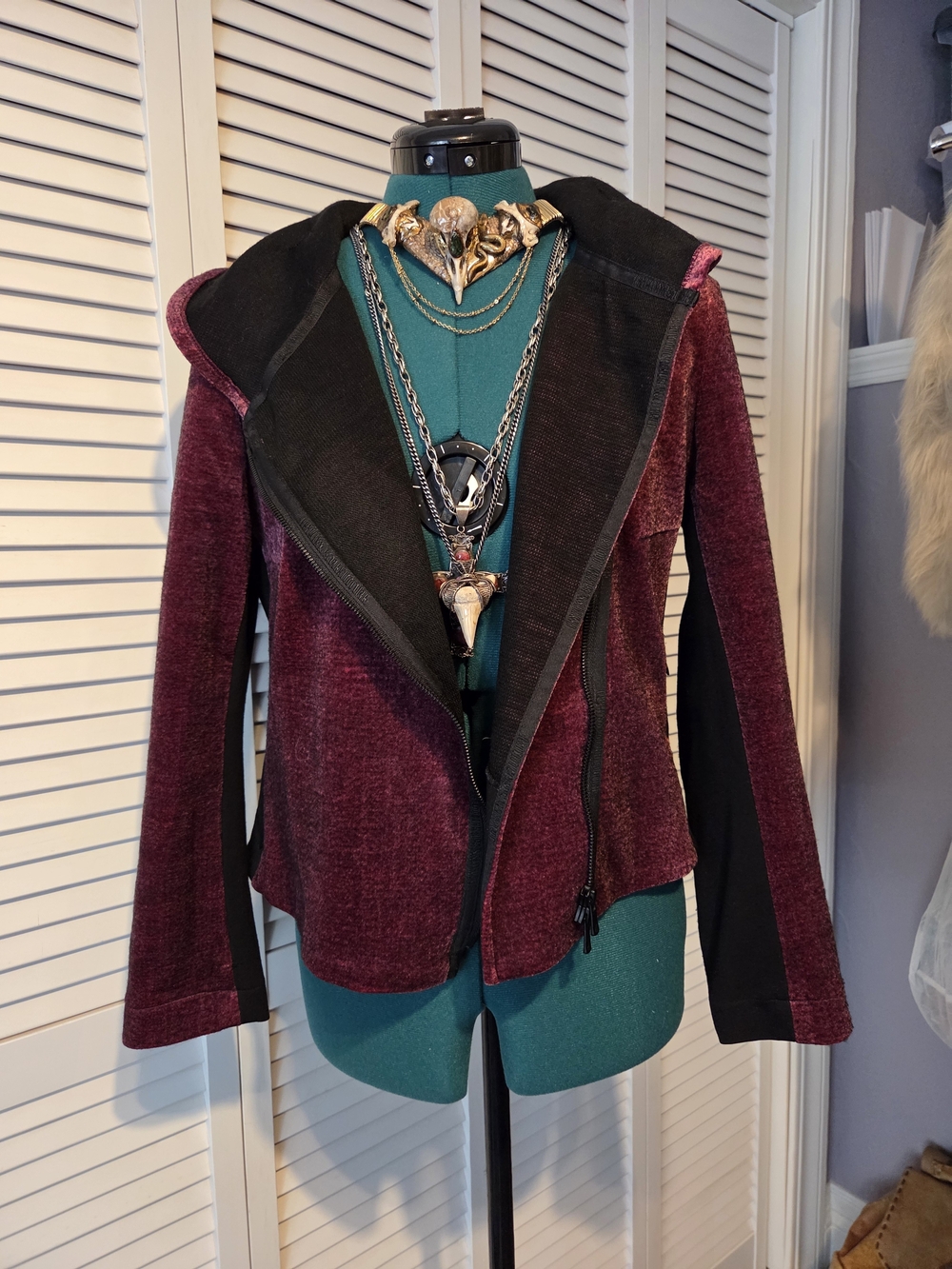 Women's Burgundy Velvet Hooded Blazer Jacket with Black Trim